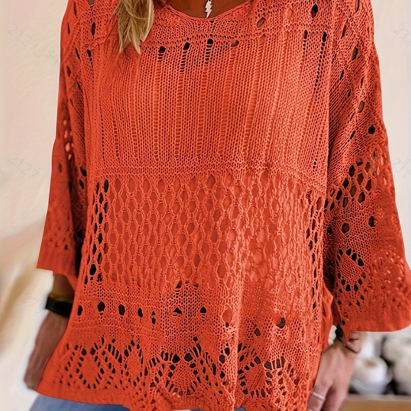 Туника для женщин больших размеров с объемным вязаным покрытием, 3/4 рукава, защита от солнца