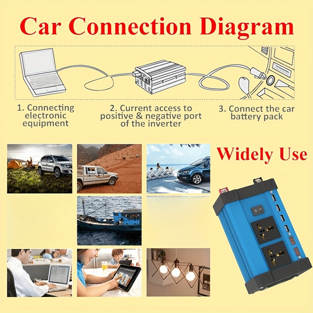 Inversor de corriente de DC12V a AC110V 300W con 4 puertos USB, enchufes universales y pantalla LED
