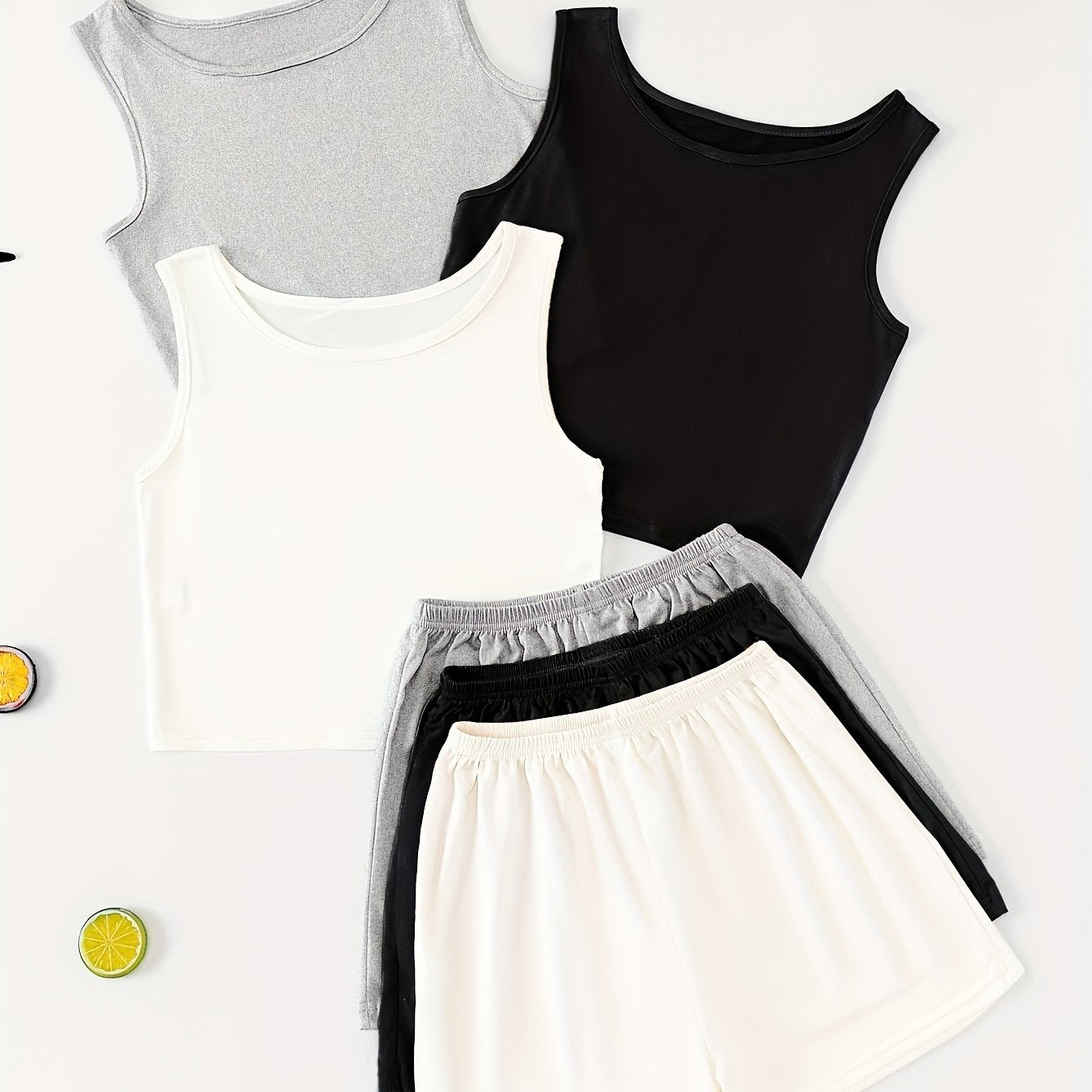 Women's Summer Lounge Set 3-Piece Solid Polyester Sleeveless Crew Neck Casual Sleepwear