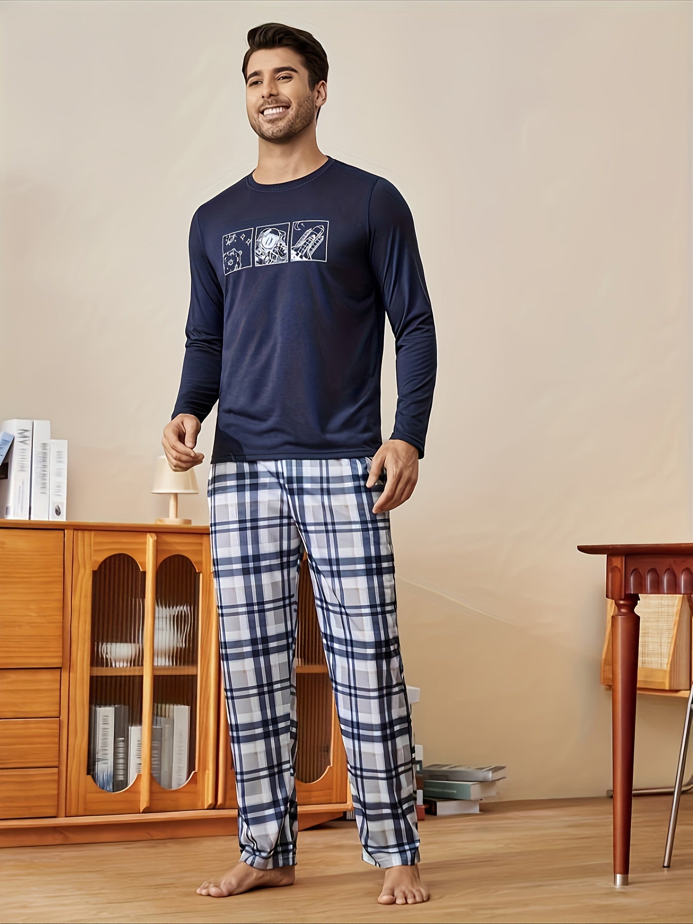 Conjunto de pijama de galaxia para hombre, de punto de poliéster con elastano, de manga larga, para otoño e invierno