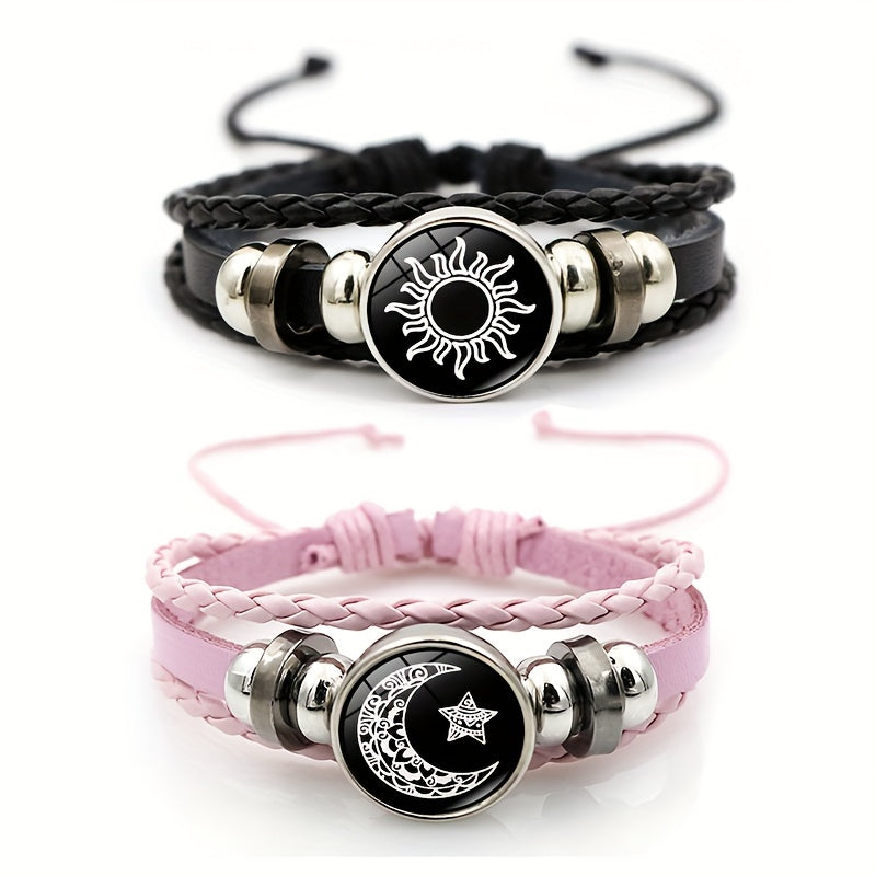 Set of 2 Luminous Sun Moon Lover Gemstone Bracelets for Women Men Beaded Leather
