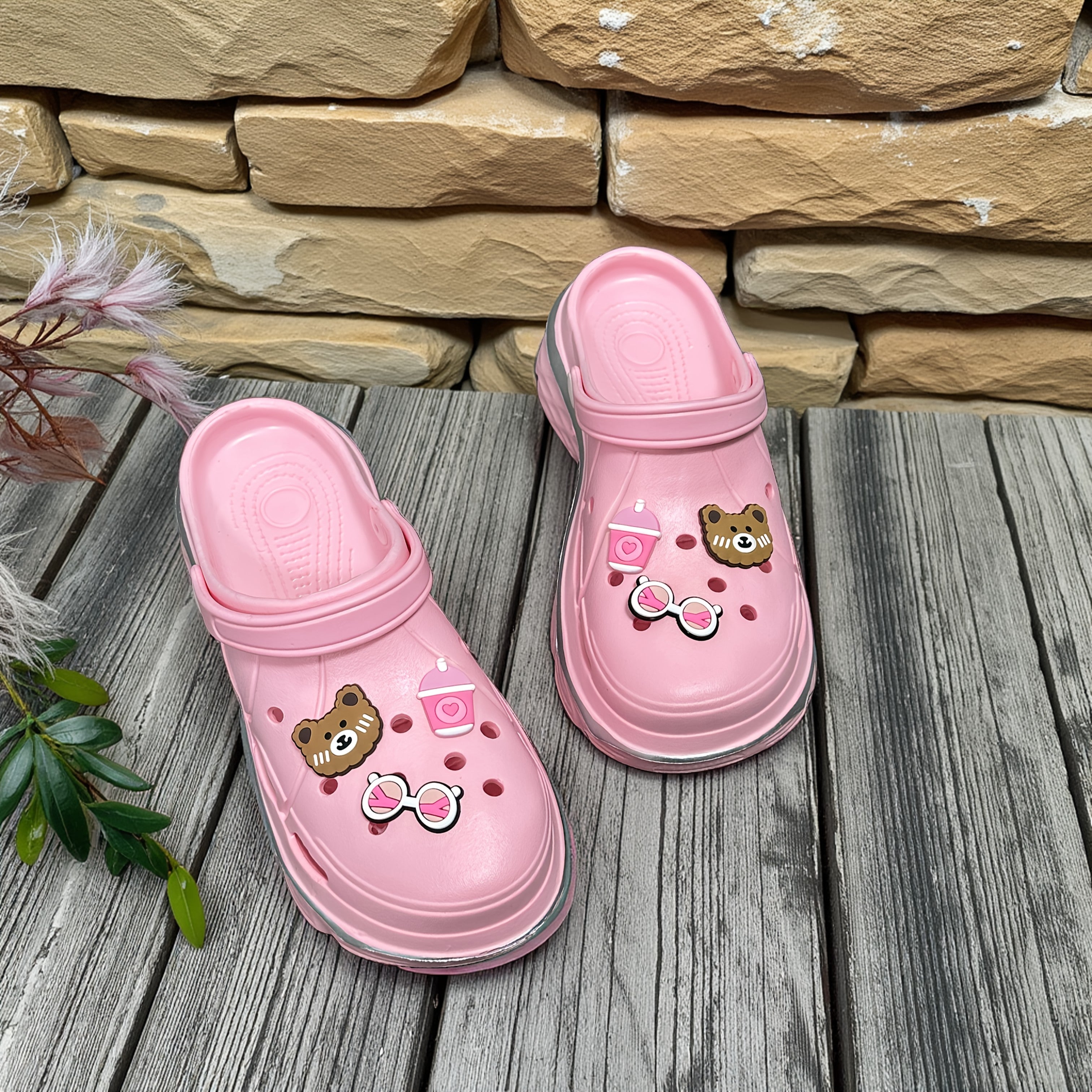 Women's Bear Cartoon Slippers EVA Clogs with Pink Bow Indoor Outdoor