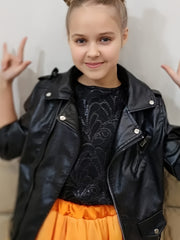 Girls Black PU Leather Biker Jacket for Spring and Fall Streetwear