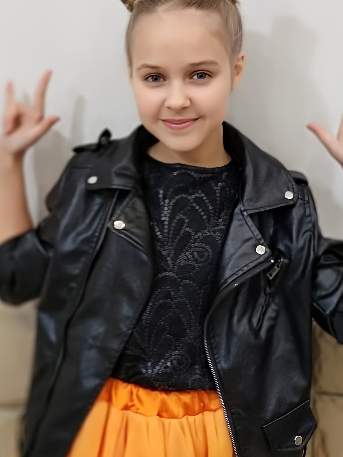 Girls Black PU Leather Biker Jacket for Spring and Fall Streetwear