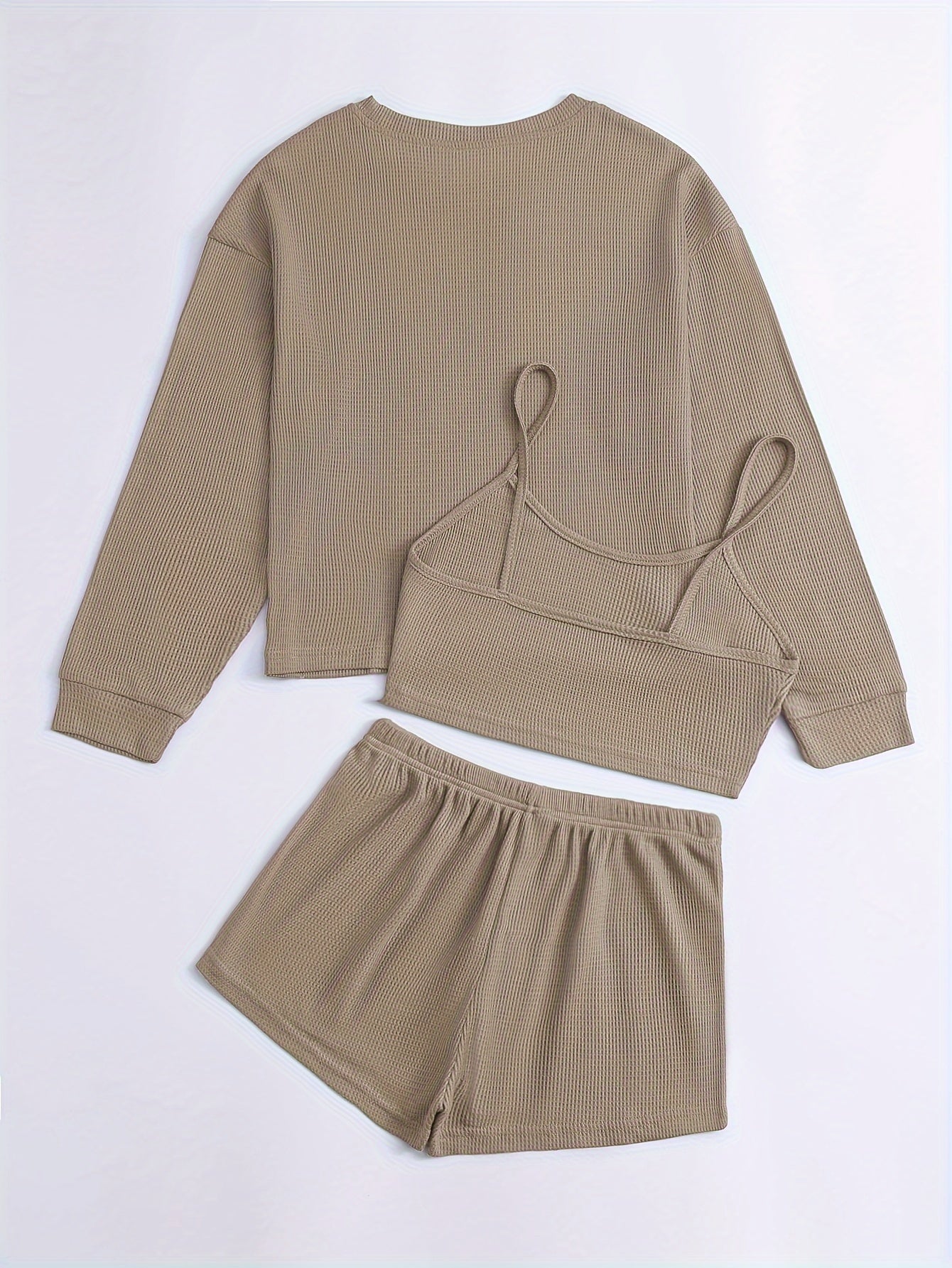 Women's Waffle Texture Loungewear Set with Long Sleeve Top Crop Cami and Elastic Shorts