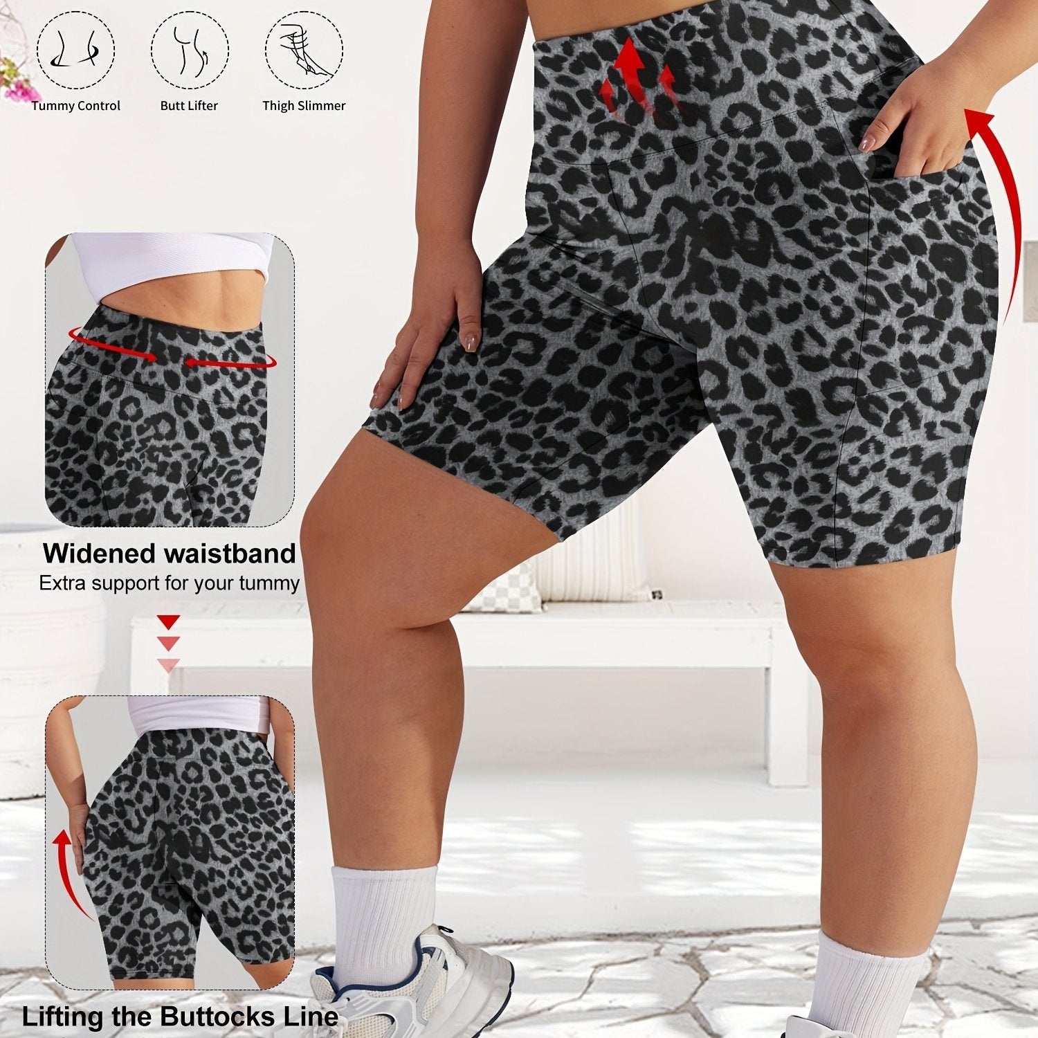 Women's Plus Size High-Waist Tummy Control Workout Shorts with Pockets