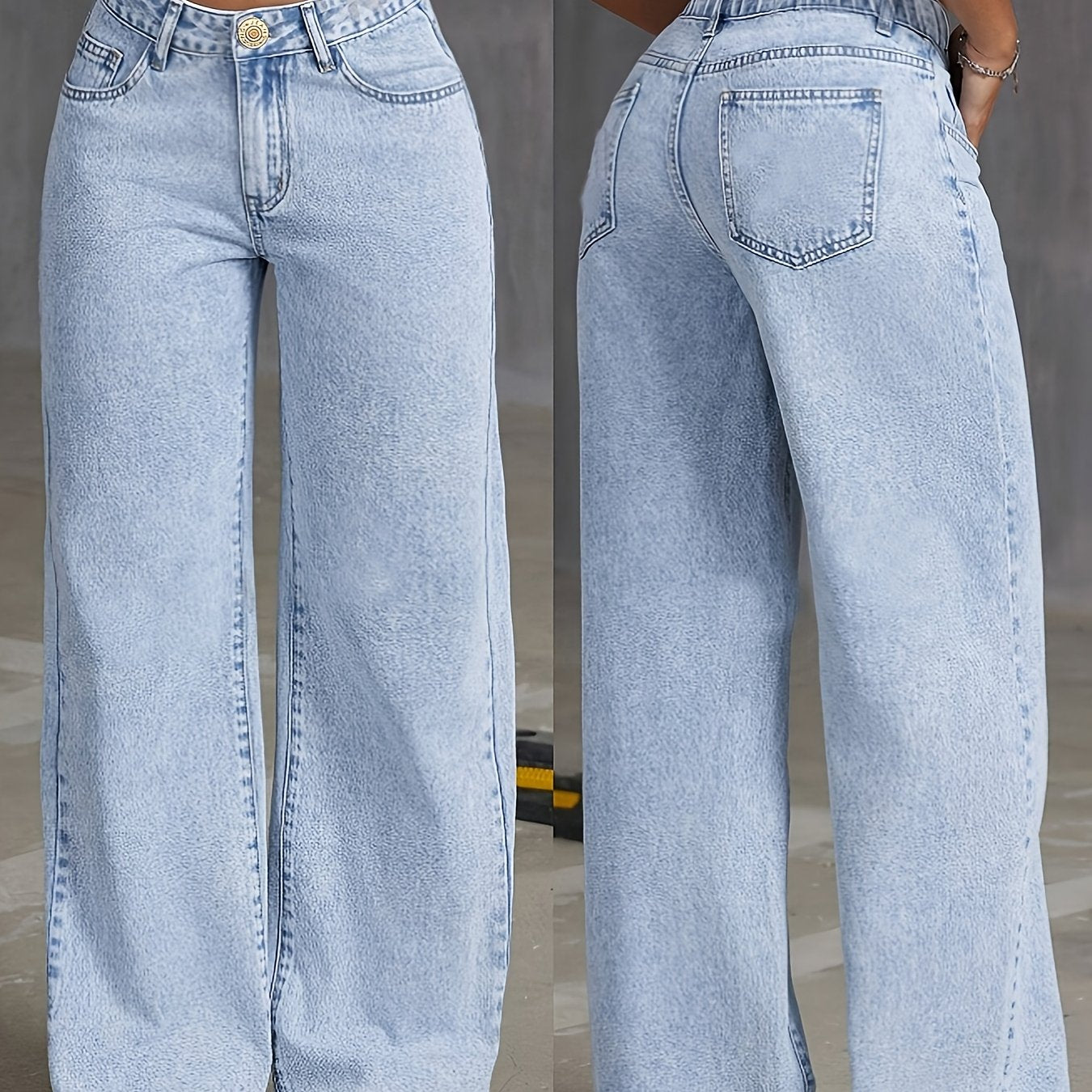 Women's High-Waisted Wide Leg Denim Jeans Solid Color Button Detail All-Season Casual