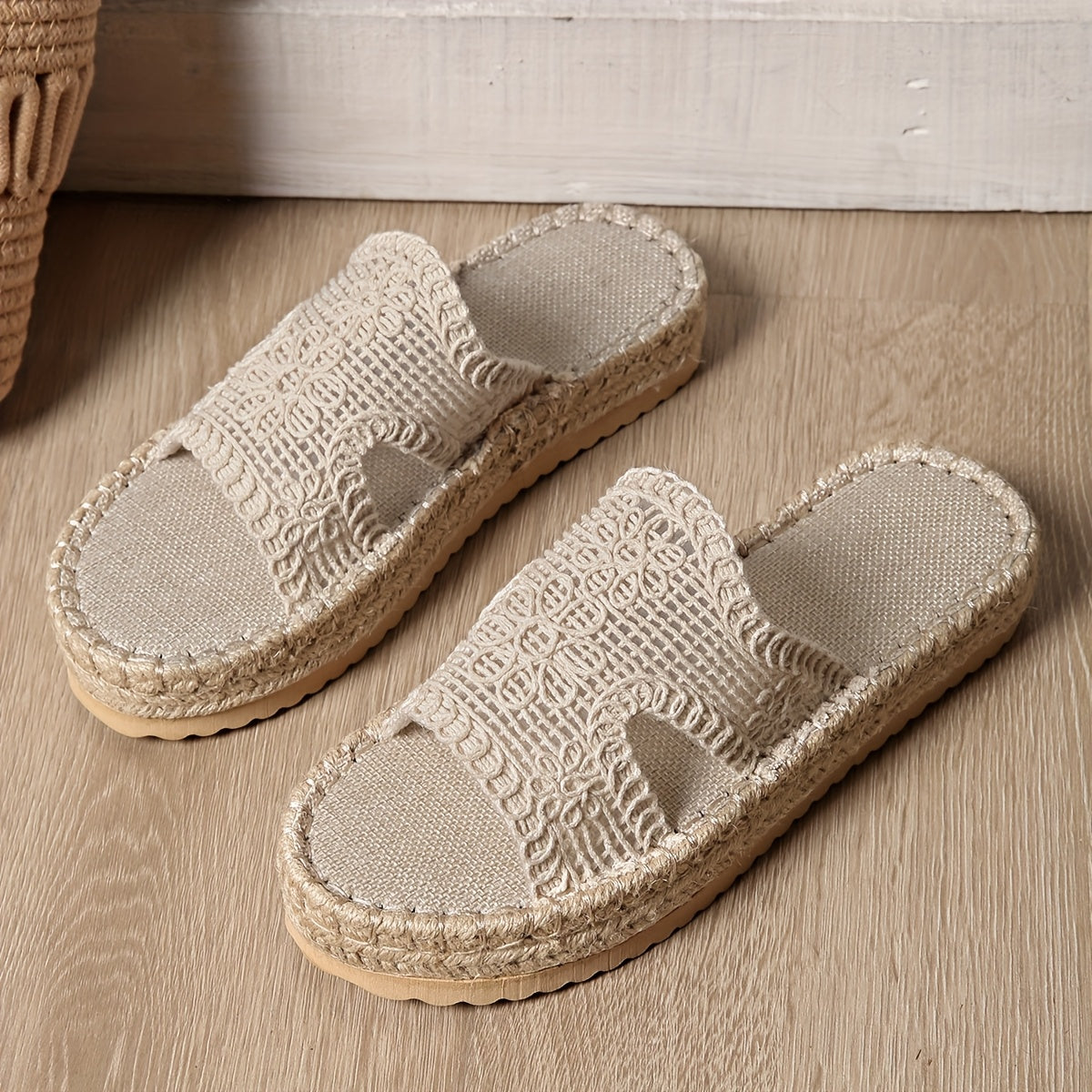 Women Bohemian Espadrille Slide Sandals Beige Fabric Open Toe Slip-On
