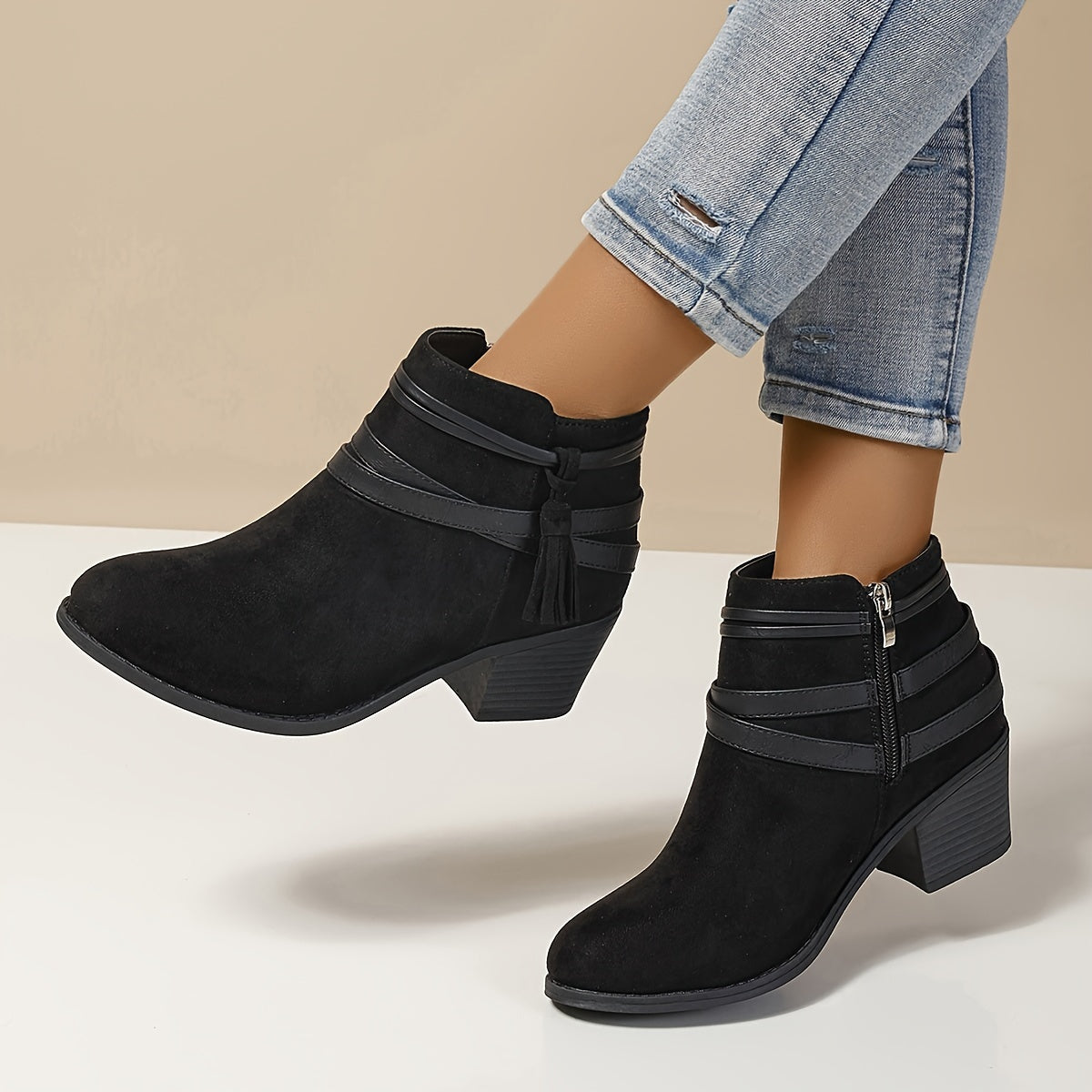 Women's Platform Boots with Tassel Inside Zipper Chunky Heel