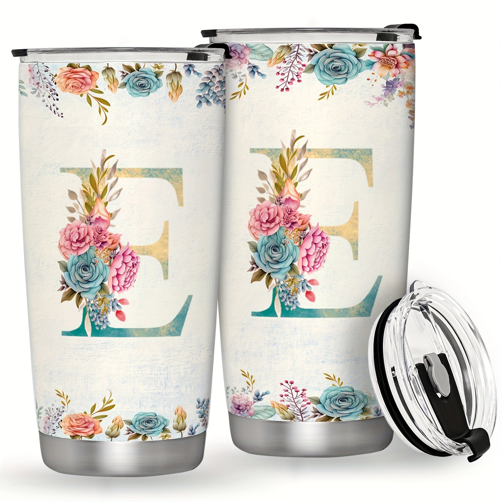 20oz Stainless Steel Tumbler with Monogram Floral Design Leak Proof Lid for Outdoor Use