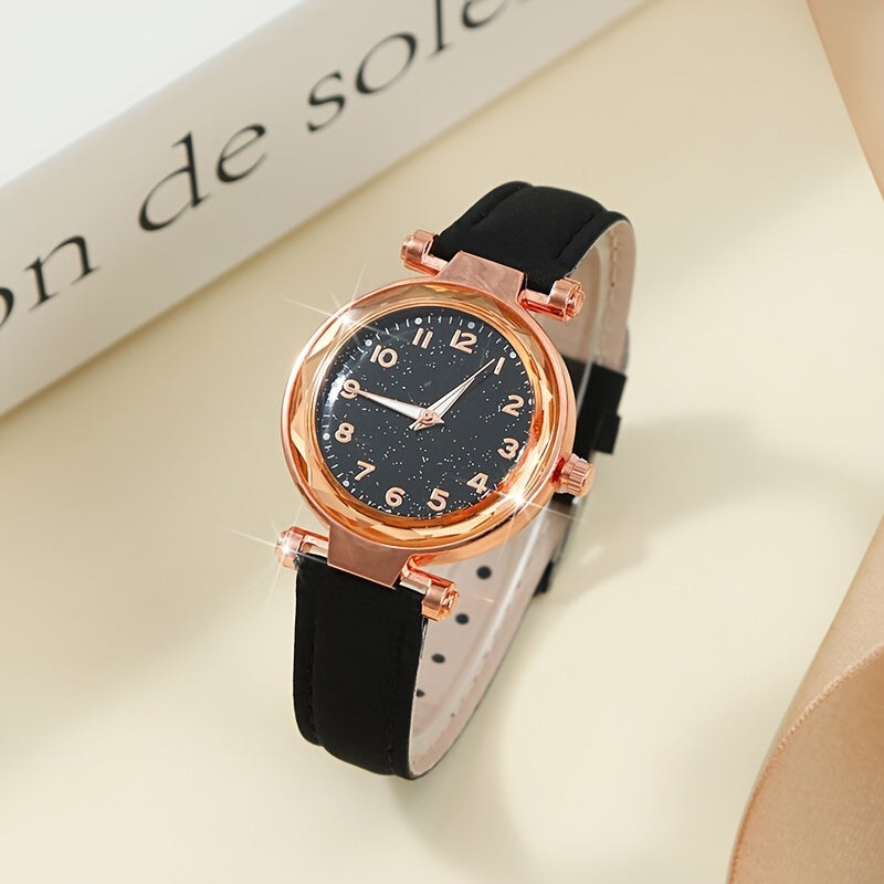 Women's 2-Piece Watch and Bracelet Set Casual Quartz Faux Leather Gift for Mom