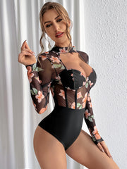 Women Floral Print Long Sleeve Bodycon Dress Polyester Elastane V-Neck