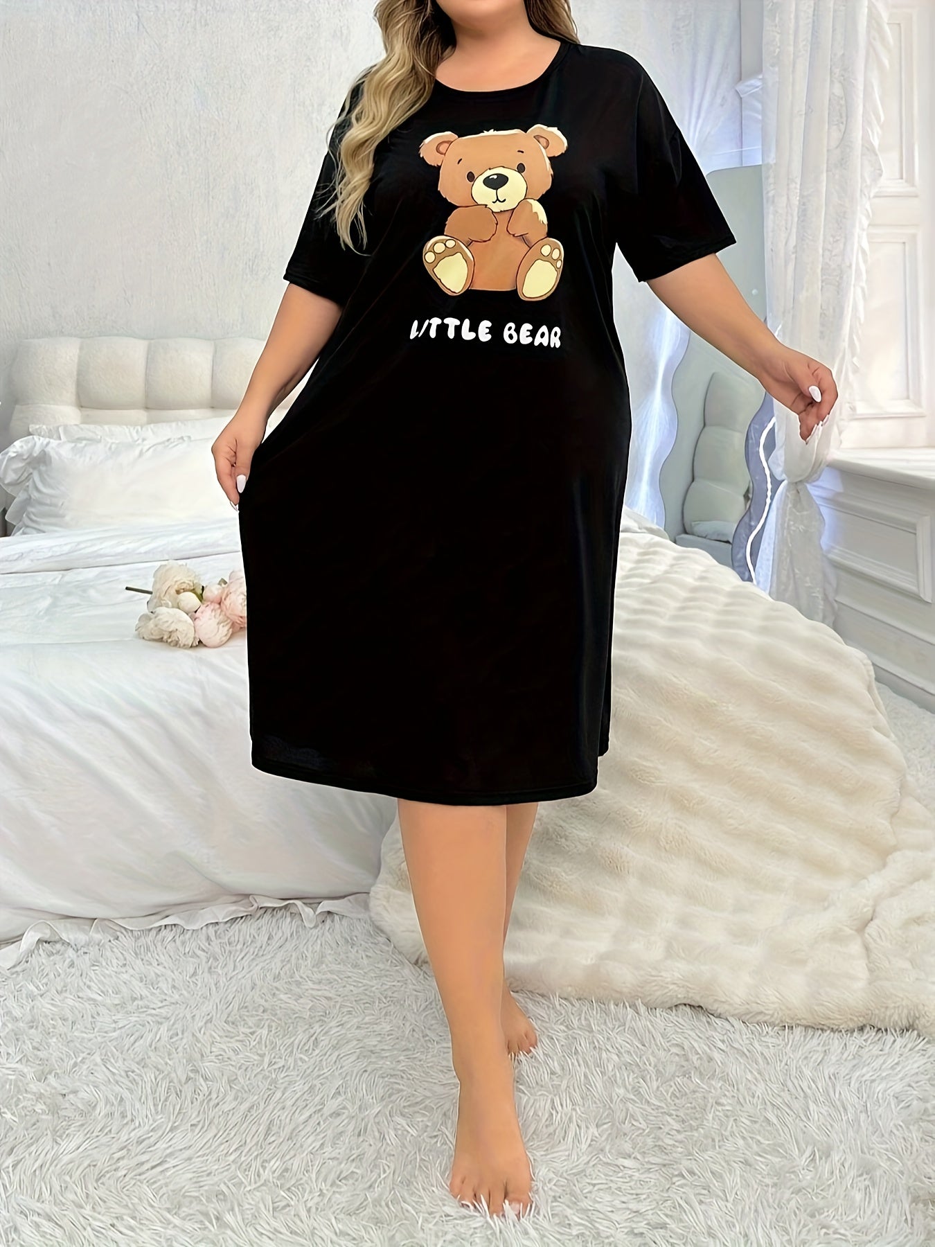 Женское ночное платье больших размеров с коротким рукавом, мультяшный медведь, ночная одежда