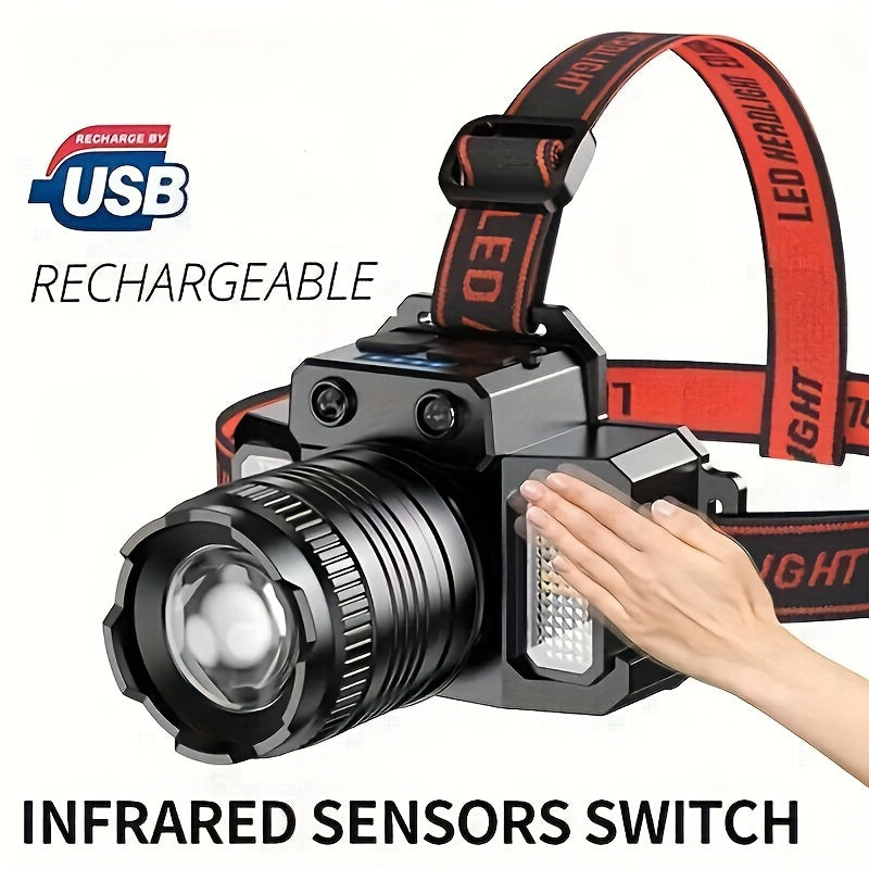 Rechargeable LED Headlamp with Infrared Sensor USB Charging 1500mAh Lithium Battery