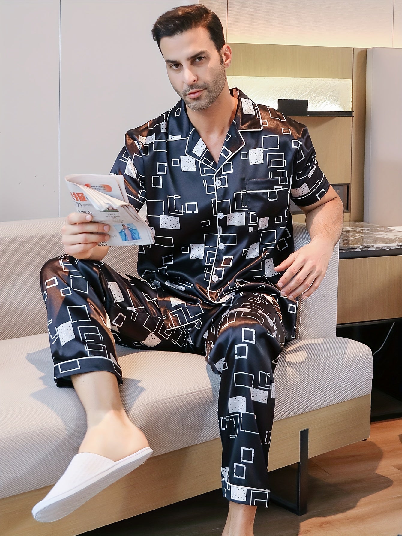 Men's Geometric Print Pajama Set with Short-Sleeve Top Long Pants and Summer Cardigan