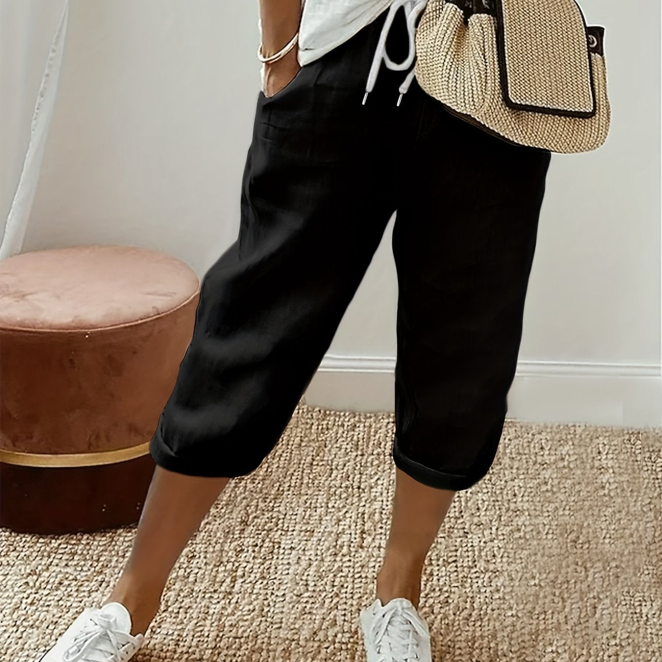 Капри для женщин больших размеров свободные с шнурком, повседневные, с эластичным поясом, летние