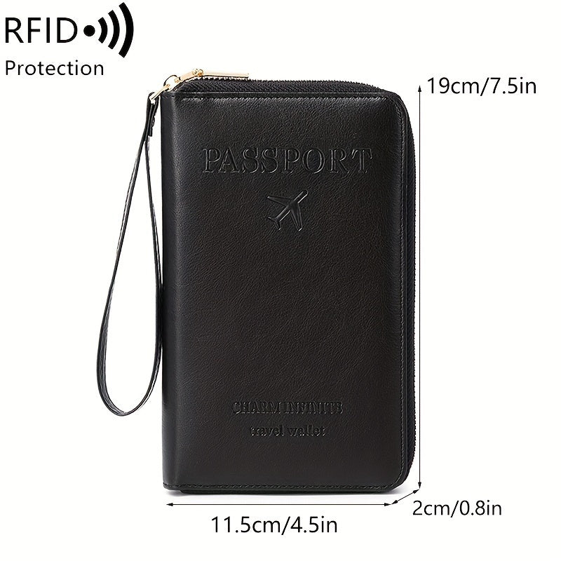 Brown RFID Blocking Travel Wallet with Zipper Closure and Wrist Strap for Passports and Cards