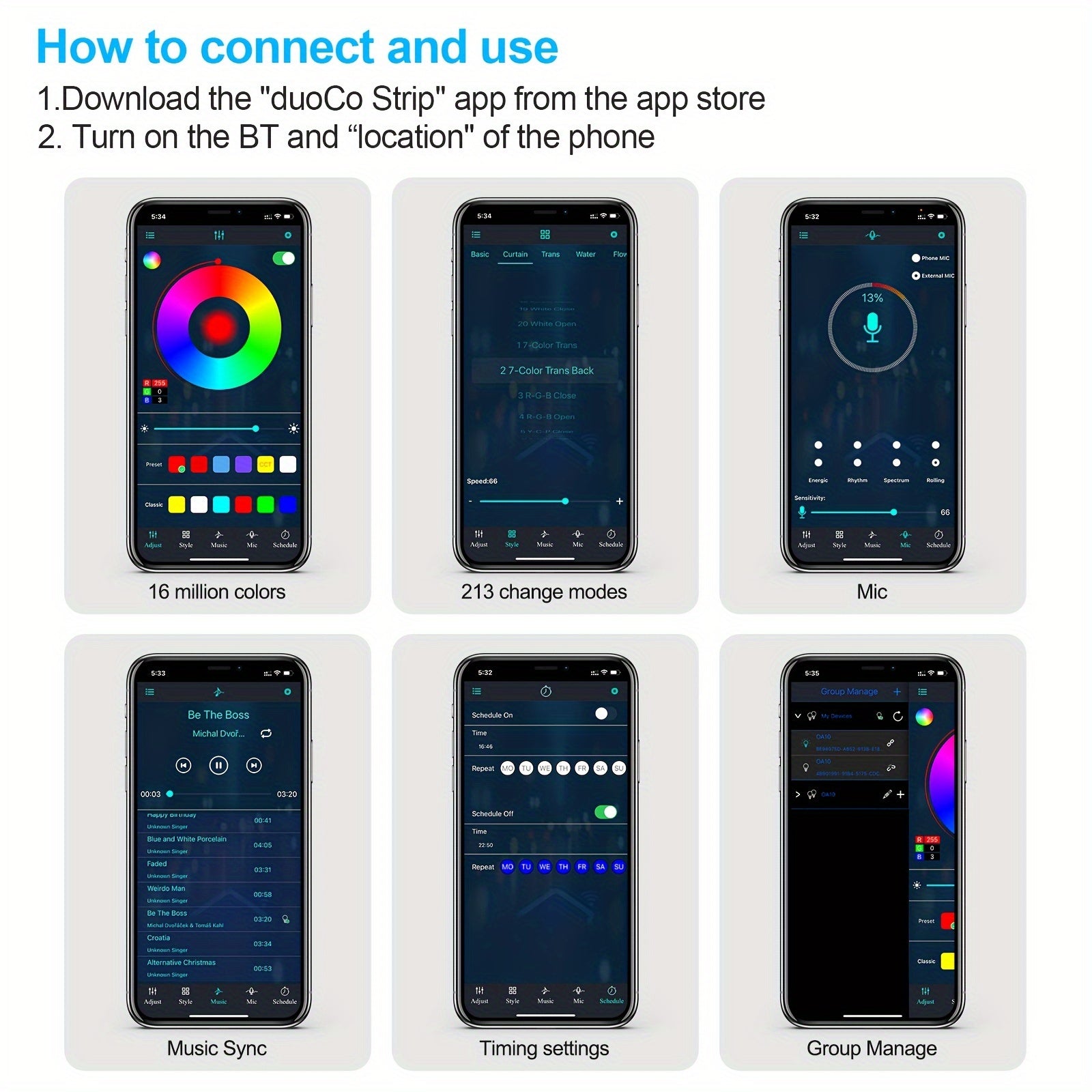 Wireless RGB LED Strip Controller App Control USB Powered Compatible with 5V-24V DC Lights Music Sync
