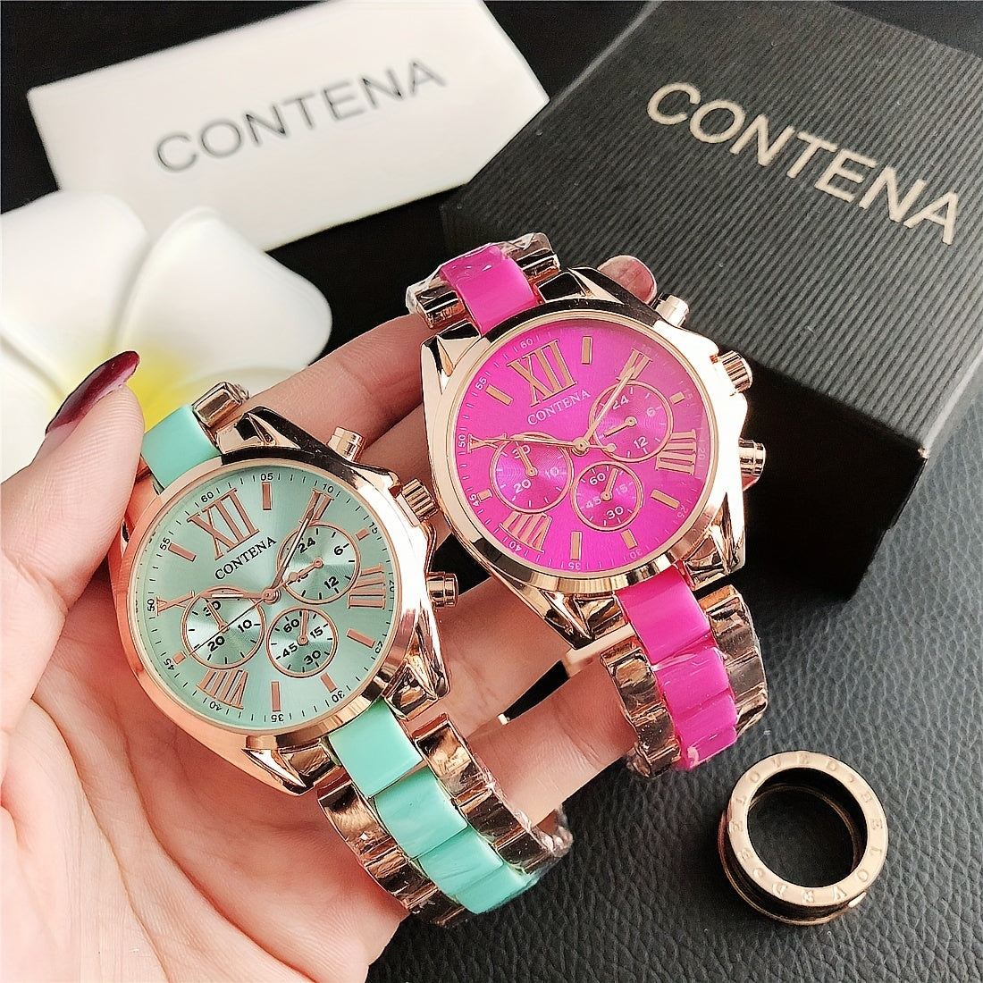 Reloj de mujer en oro rosa con cuarzo, fases lunares y calendario, pulsera de acero inoxidable