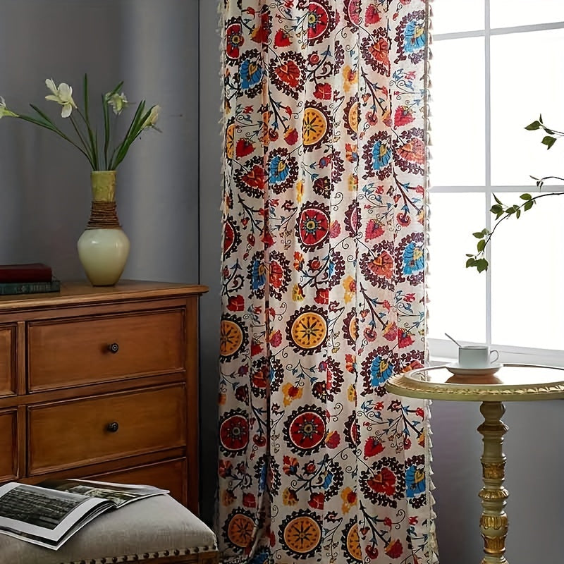 Cortina boho floral semi-oscura para sala de estar, poliéster resistente al agua