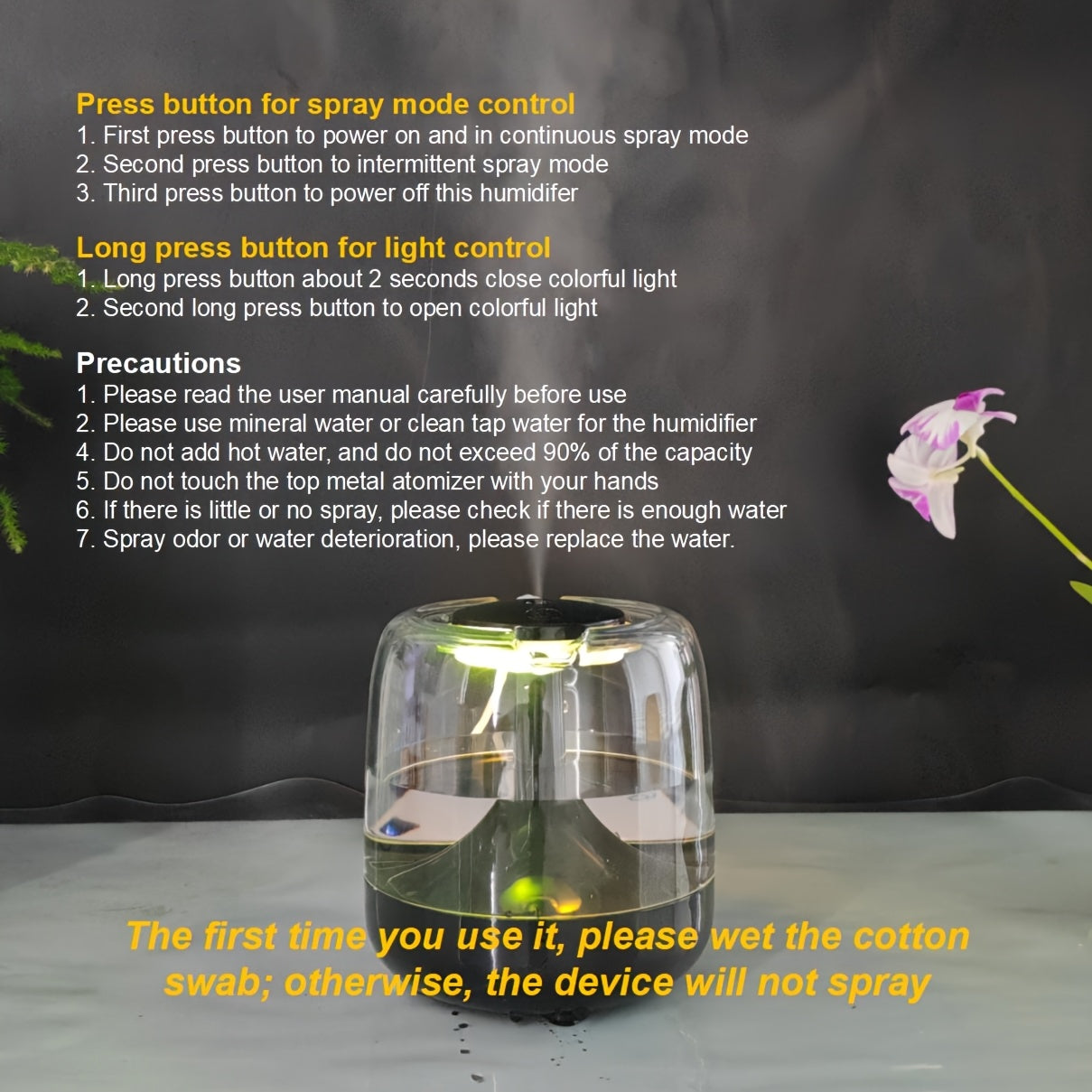 Transparent USB Humidifier with 7-Color Night Light, Silent Mist for Bedroom Office