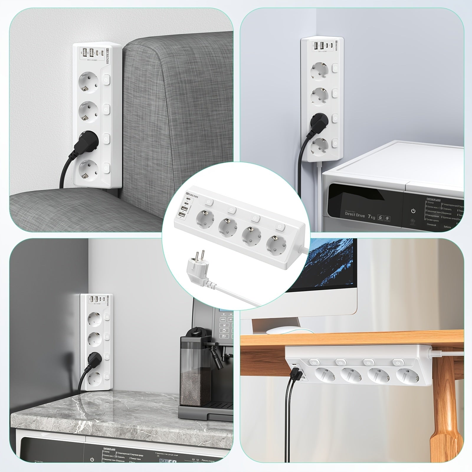 White Power Outlet Strip with 4 AC Sockets 2 USB-A Ports 4 USB-C Ports 1.8m Cable