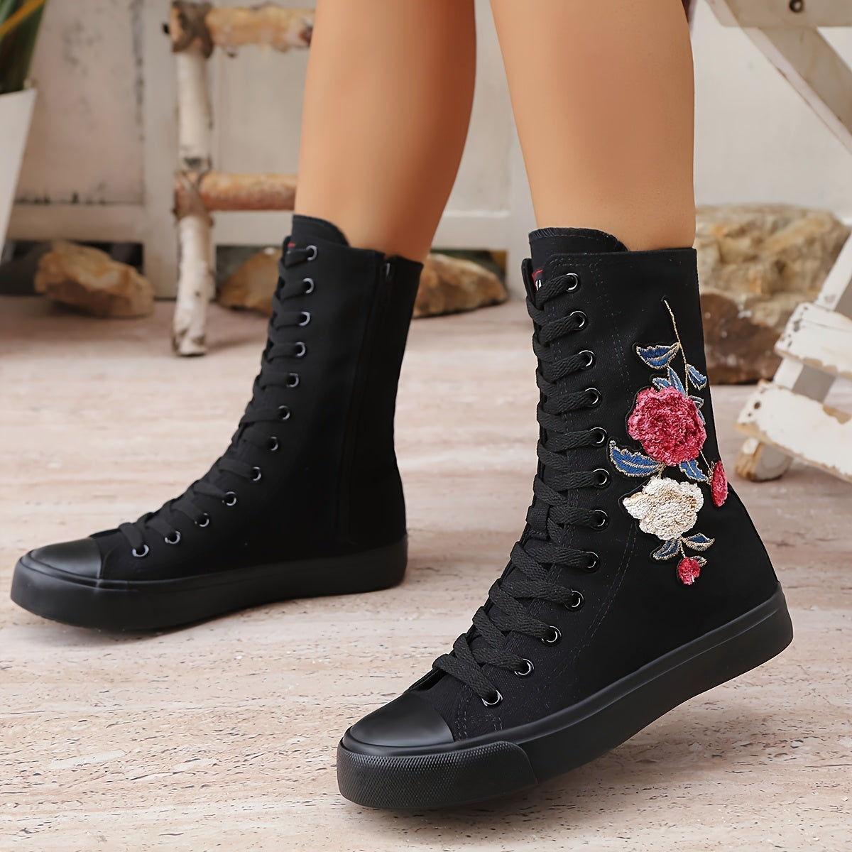 Women's Floral Embellished Mid-Calf Boots Leather Low Heel Casual All-Season