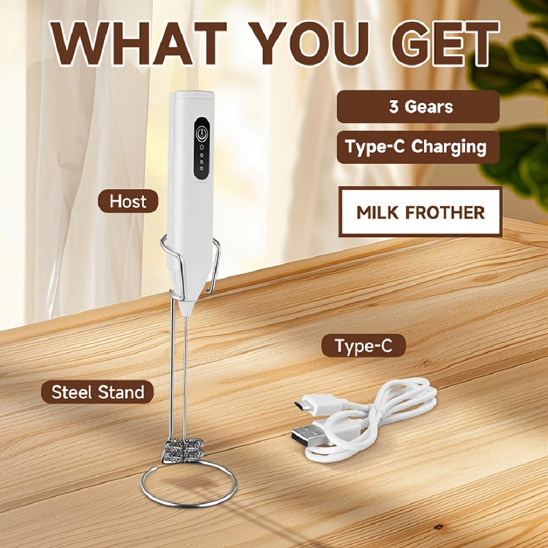 Electric Milk Frother USB Rechargeable Dual Whisk Foam Maker for Latte Macchiato Coffee White