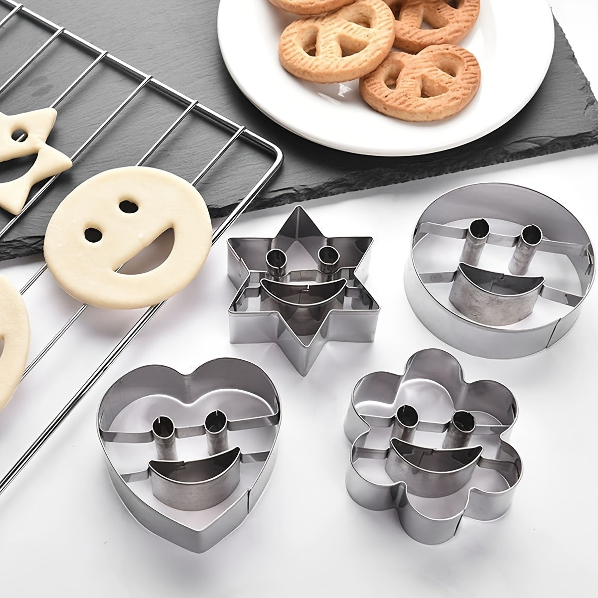 Set of 4 Stainless Steel Cookie Cutters Happy Face and Holiday Shapes for Baking