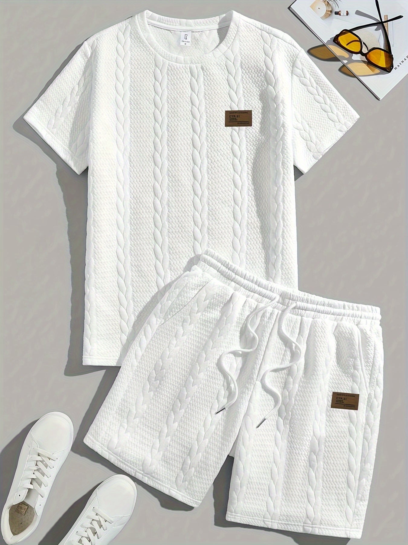 Men's Short Sleeve Solid Color Casual Set with Wheat Pattern and Drawstring Shorts