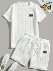 Men's Short Sleeve Solid Color Casual Set with Wheat Pattern and Drawstring Shorts