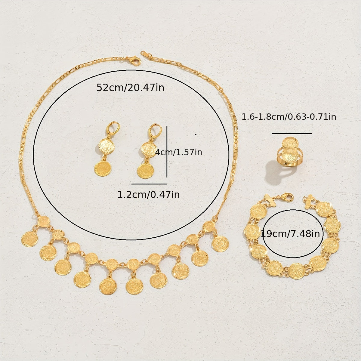 Ayollar uchun zamonaviy 5 qismli Ramazon zargarlik to'plami - Mis tangalaridan yasalgan marjon, bilaguzuk, sirg'alar va uzuk - To'ylar va sovg'a berish uchun ideal, Islom ilhomlangan aksessuarlar