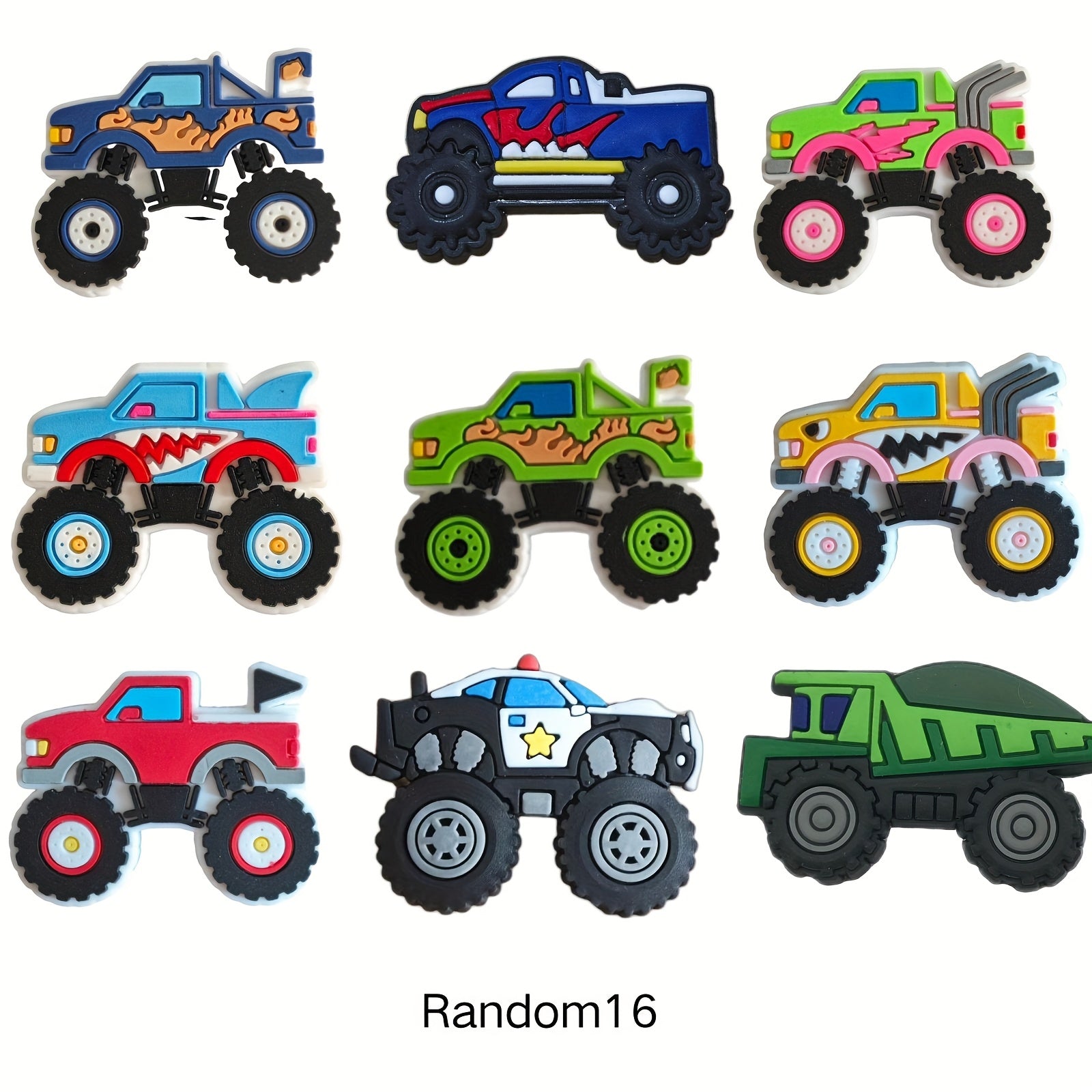 16 Pieces Monster Truck Shoe Charms PVC Cartoon Vehicle Decor Accessories for Sandals