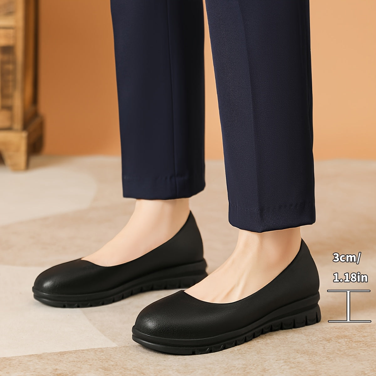 Women's Black Office Flats Non-Slip Round Toe Microfiber Shoes