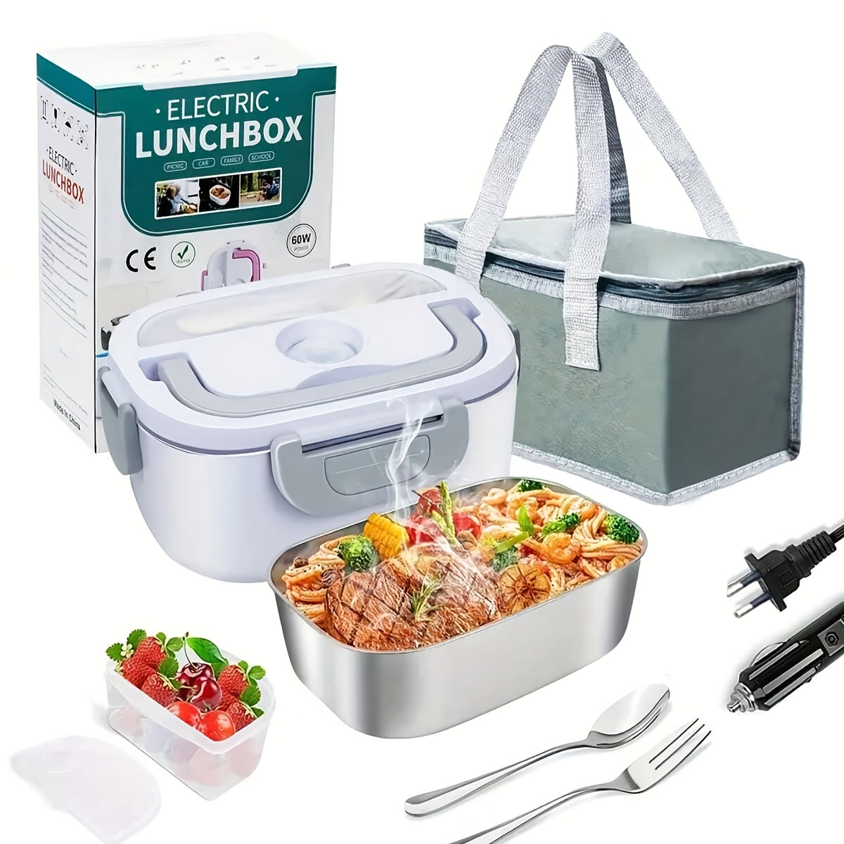 Set de calentador de comida para lonchera eléctrica 1.5L, portátil, para coche y hogar, a prueba de fugas, acero inoxidable