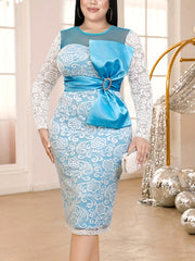 Women's Lace Party Dress Long Sleeve Slim Fit Midi Wedding Attire