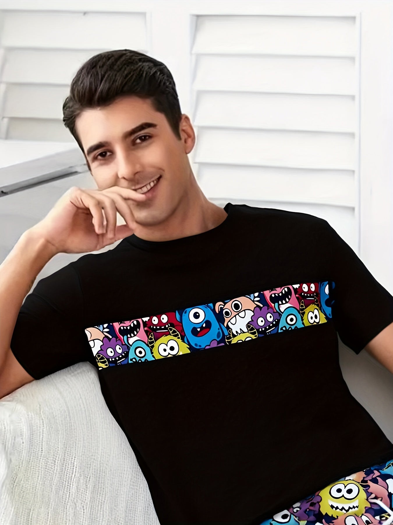 Men's Lightweight Short Sleeve Pajama Set with Elastic Waist Shorts