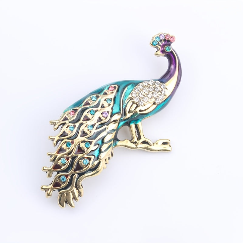 Vintage Peacock Brooch Pin with Colorful Rhinestones for Men and Women