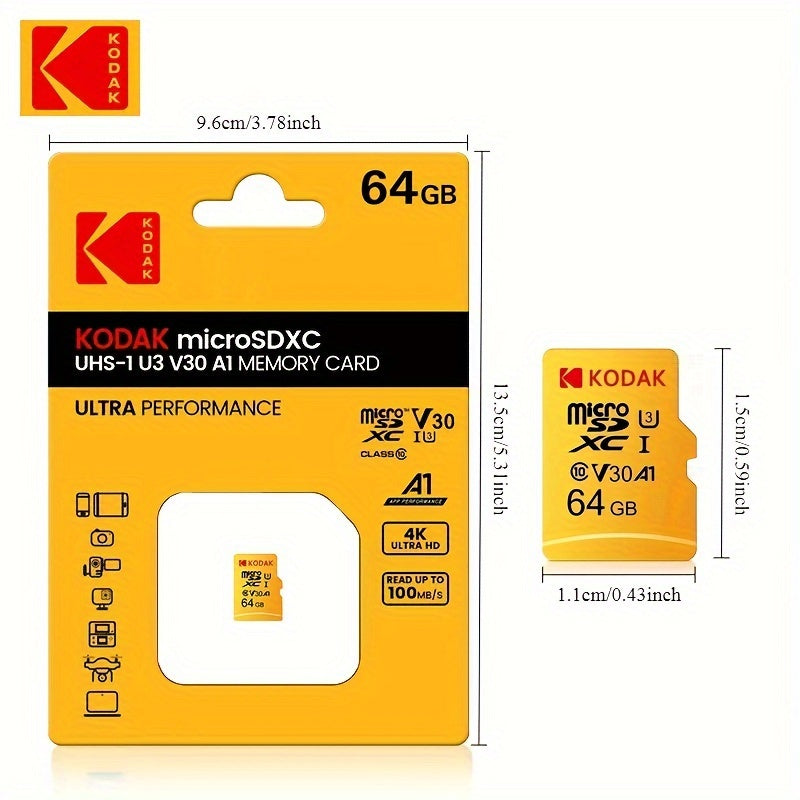 KODAK MicroSDXC xotira kartasi yuqori tezlikda 4K video yozish uchun, 64GB/128GB/32GB o'lchamlarida mavjud. Ultra ishlash, batareya talab qilinmaydi.