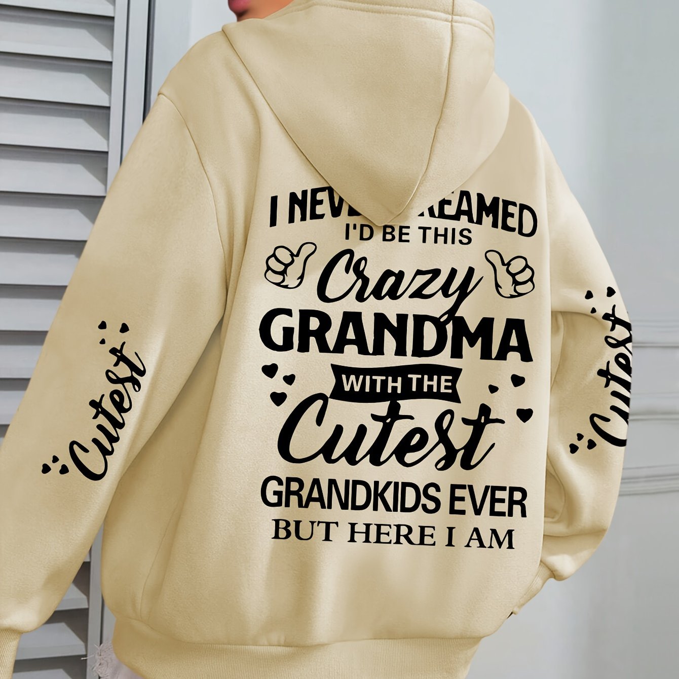 Толстовка с крупным принтом букв Plus Size Crazy для женщин, с длинными рукавами, повседневная, с капюшоном и карманами на шнурке