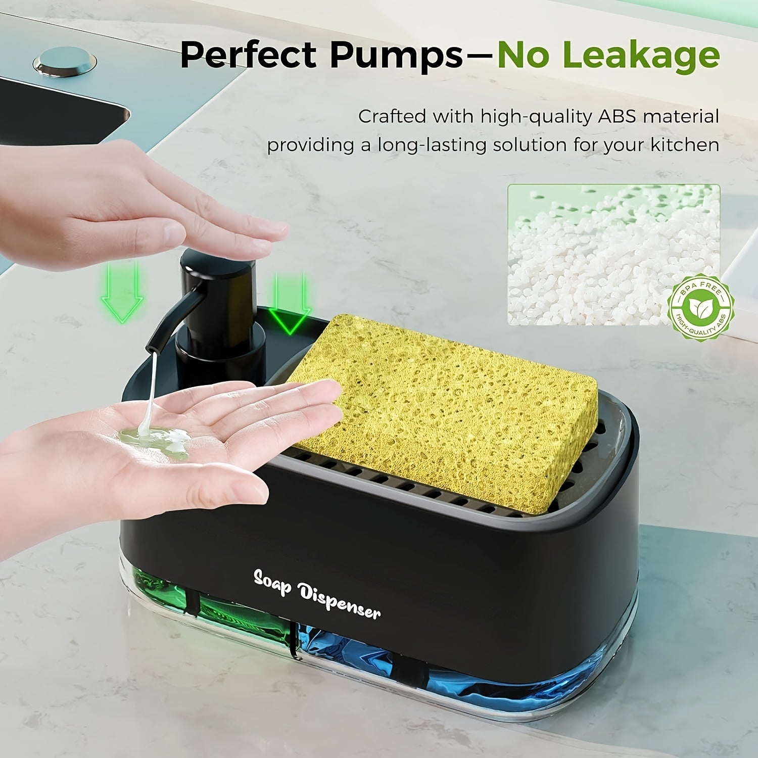 4-in-1 Soap Dispenser Set with Sponge Holder BPA-Free Plastic Leakproof Pumps Kitchen Bathroom