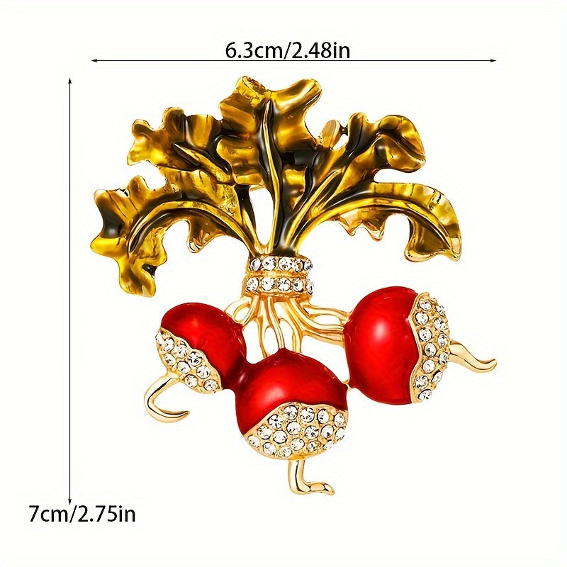 Retro Radish Enamel Pin with Rhinestones Botanical Quirky Accessory
