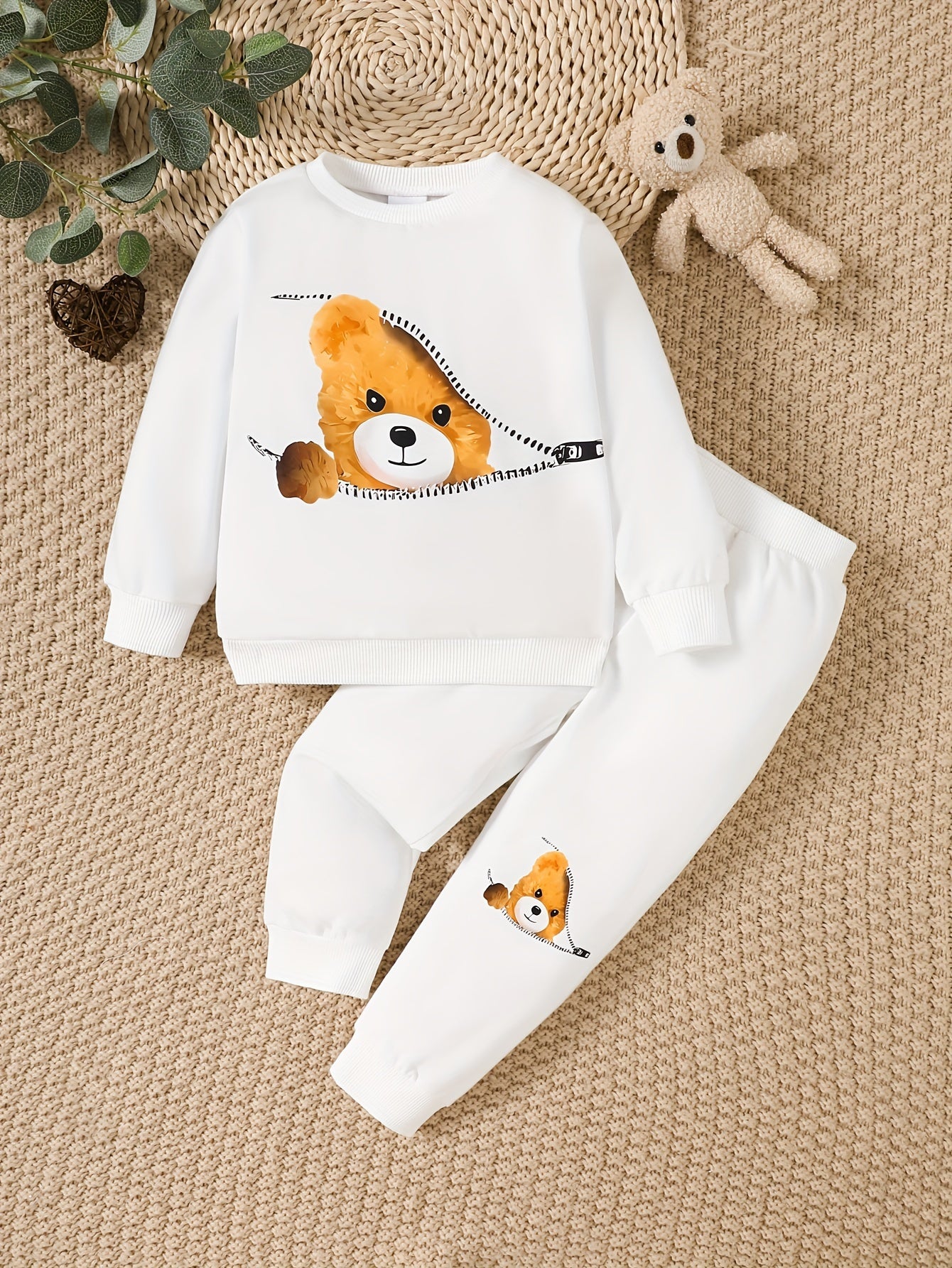 Baby Boys Hoodie and Sweatpants Set Autumn Winter Teddy Bear Print Polyester Comfortable