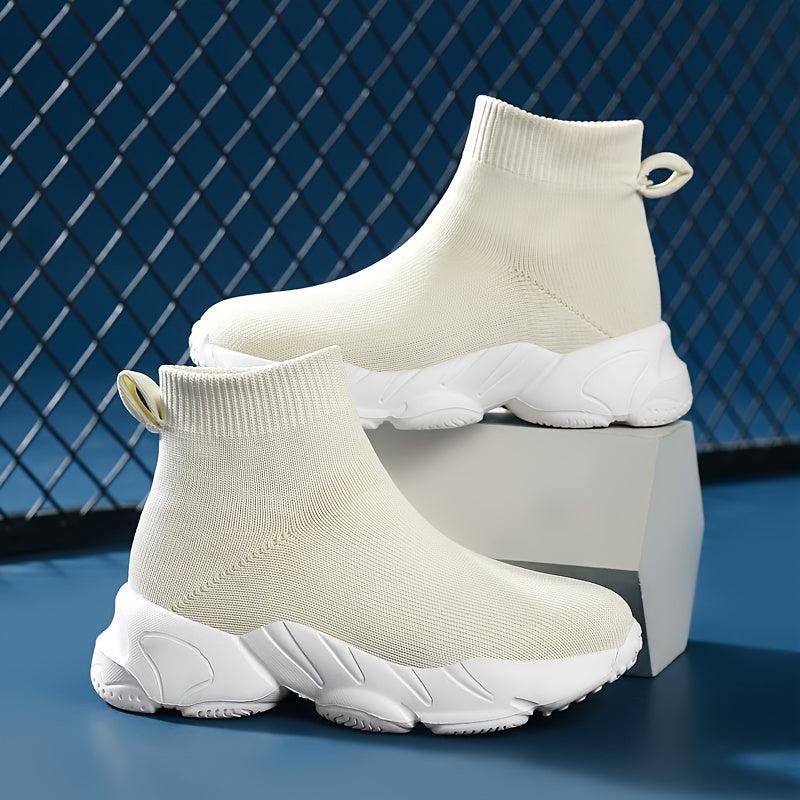 Zapatillas altas para mujer de color sólido, zapatillas slip-on de punto, cómodas y elásticas