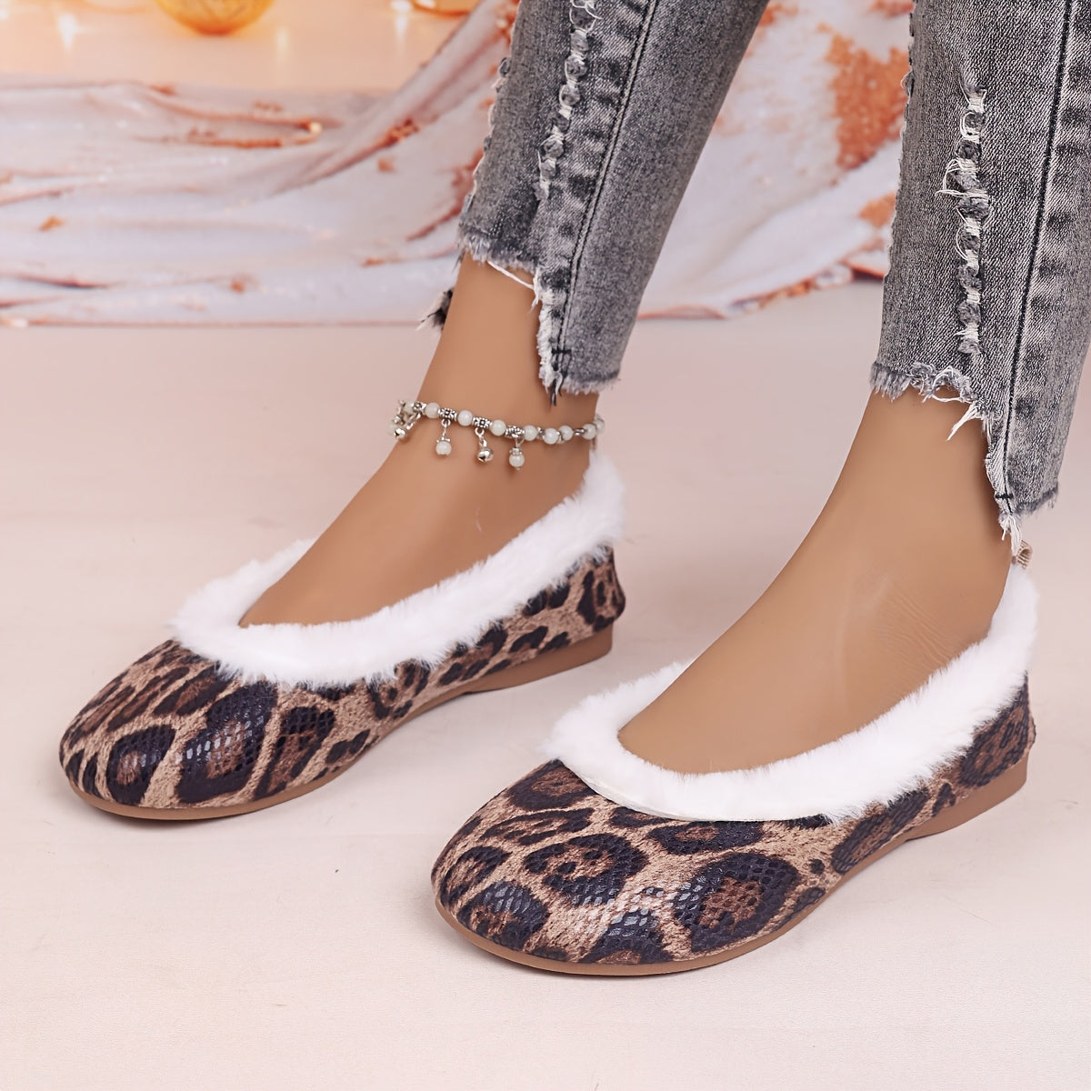 Plus-Size Women's Faux Fur Lined Mary Jane Flats Brown Beige White Winter Indoor Shoes
