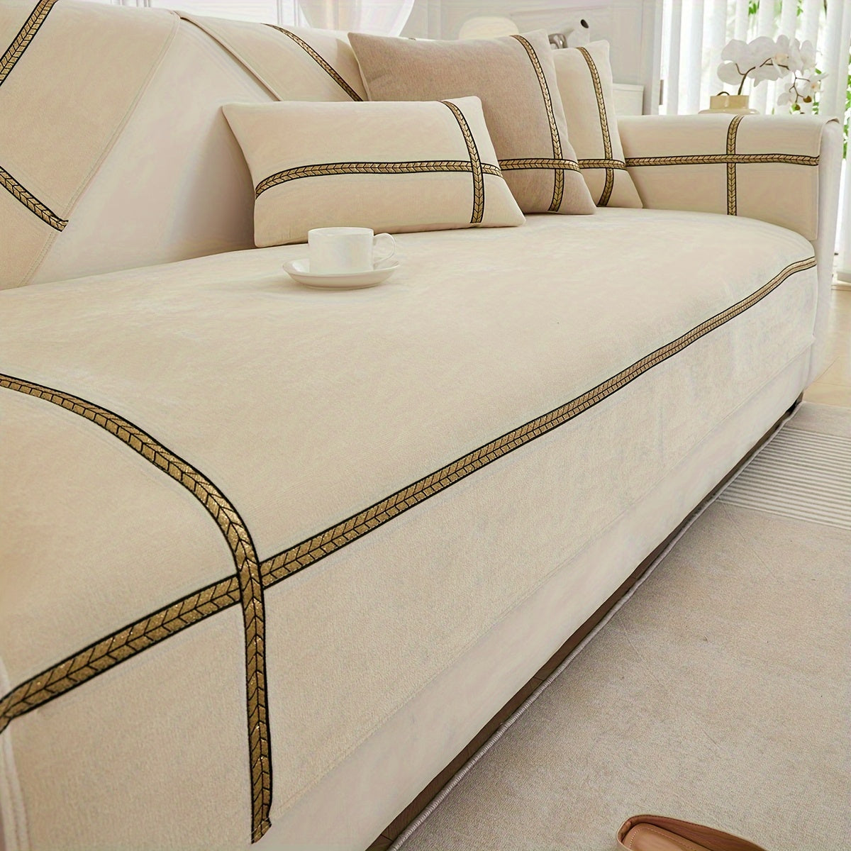 Chenille Sofa Cover with Tiebu Embellishment Non-Slip Machine Washable Durable 330gsm