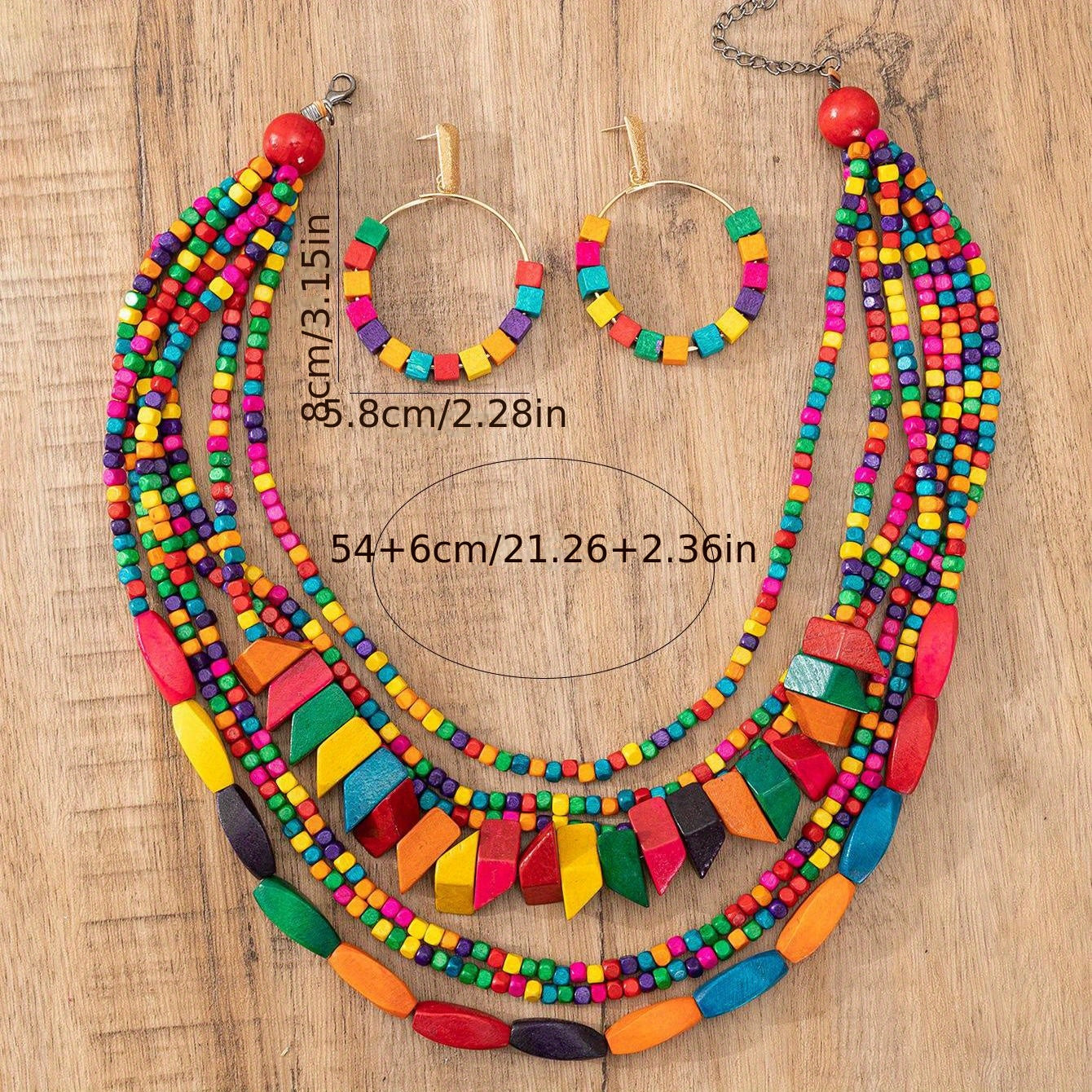 Bohemian Wooden Jewelry Set with Necklace Earrings and Chain in Multiple Colors