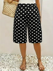 Women's High-Waisted Flowy Wide-Leg Capri Pants Black and White Polka Dot