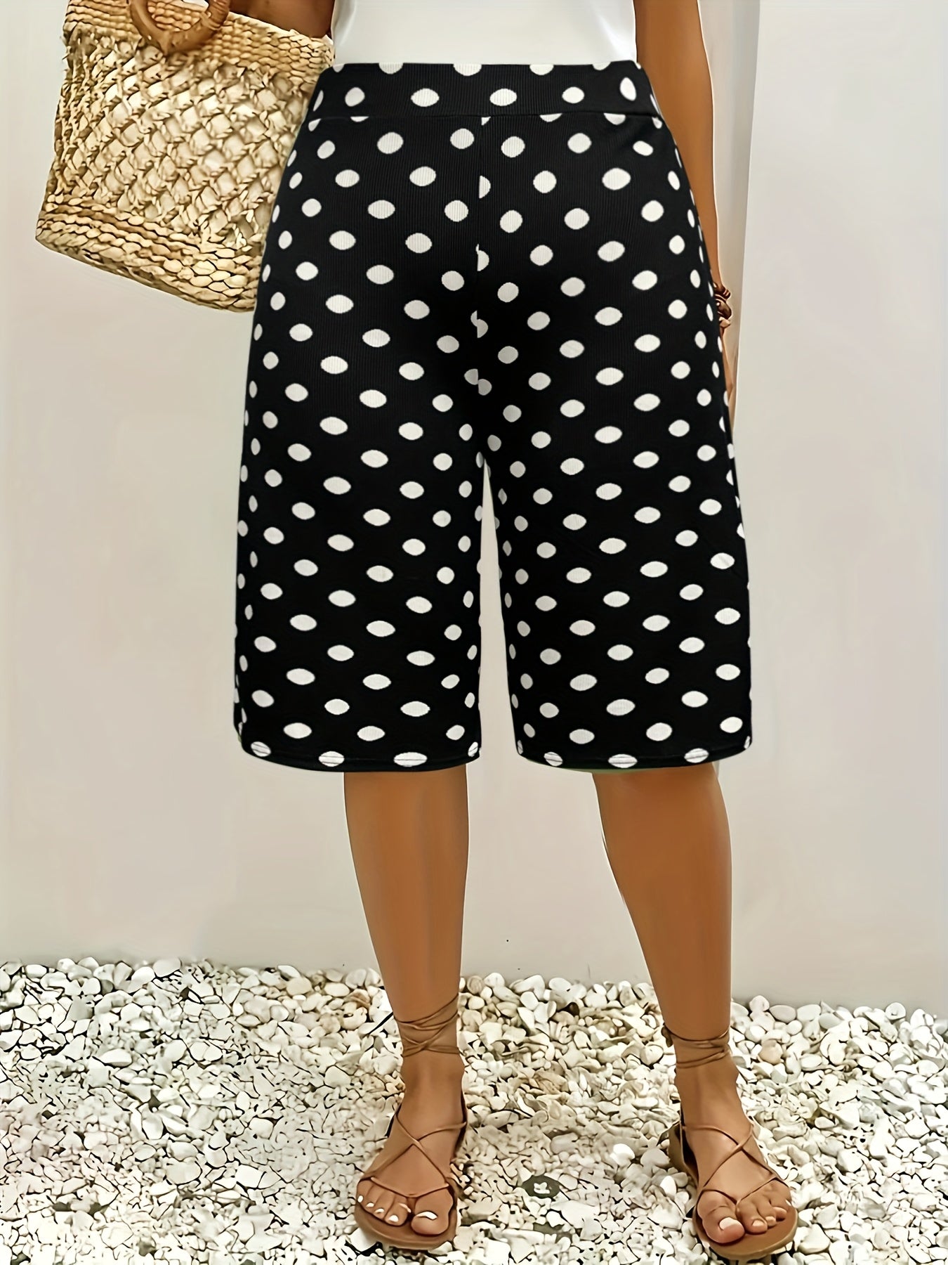 Women's High-Waisted Flowy Wide-Leg Capri Pants Black and White Polka Dot