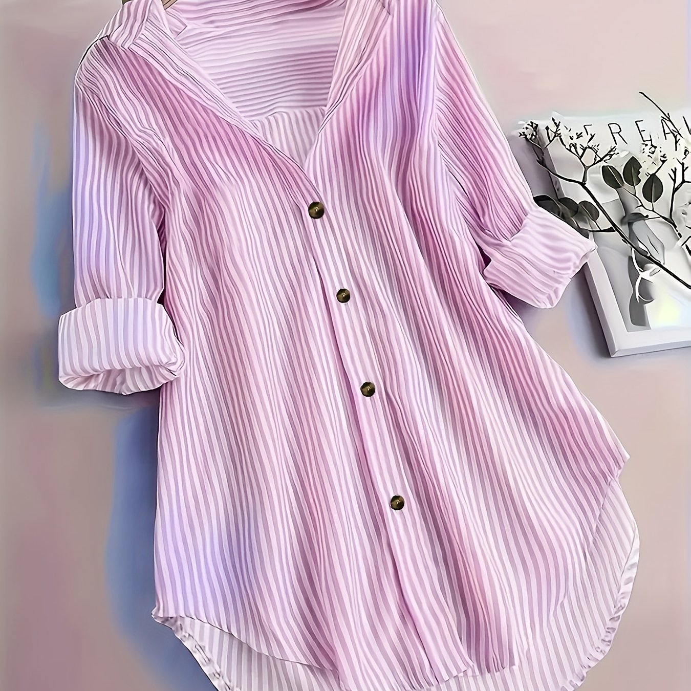 Women's Plus Size Striped Button-Up Shirt Long Sleeve Casual Blouse